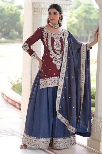 Maroon zari & sequins embroidered work vichitra silk stitched kurta,sharara & dupatta