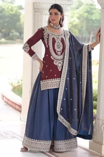 Maroon zari & sequins embroidered work vichitra silk stitched kurta,sharara & dupatta