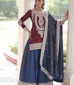 Maroon zari & sequins embroidered work vichitra silk stitched kurta,sharara & dupatta