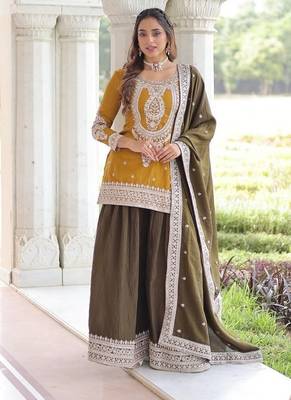 Yellow zari & sequins embroidered vichitra silk kurta,sharara & dupatta 1