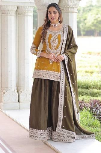 Yellow zari & sequins embroidered work vichitra silk stitched kurta,sharara & dupatta