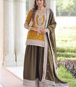 Yellow zari & sequins embroidered work vichitra silk stitched kurta,sharara & dupatta