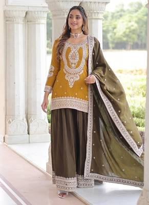 Yellow zari & sequins embroidered vichitra silk kurta,sharara & dupatta 2