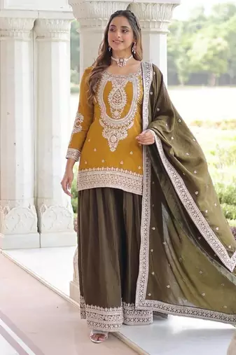 Yellow zari & sequins embroidered vichitra silk kurta,sharara & dupatta