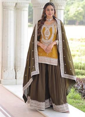 Yellow zari & sequins embroidered vichitra silk kurta,sharara & dupatta 3