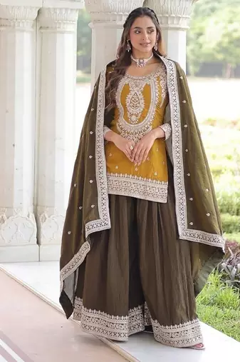 Yellow zari & sequins embroidered vichitra silk kurta,sharara & dupatta