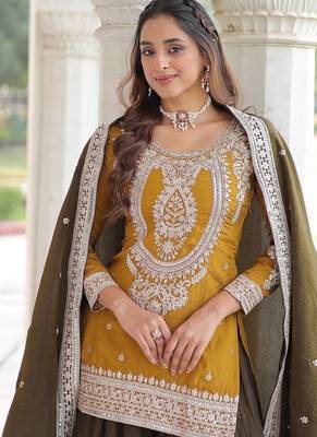 Yellow zari & sequins embroidered vichitra silk kurta,sharara & dupatta 4