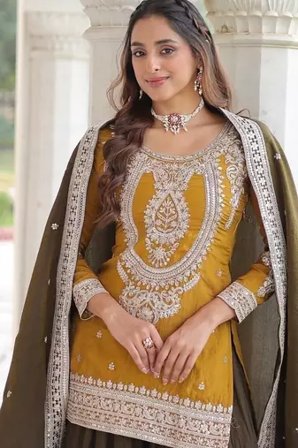 Yellow zari & sequins embroidered vichitra silk kurta,sharara & dupatta