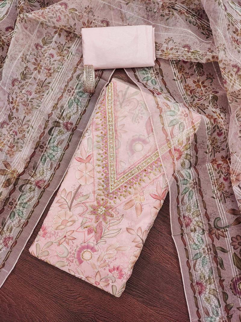 Baby-pink sequins organza semi stitched churidar dress-materials