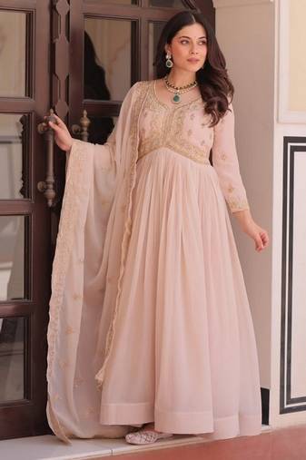 Cream zari & sequins embroidered work georgette stitched kurta & dupatta set