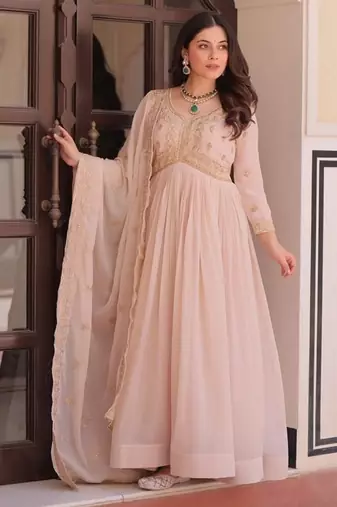 Cream zari & sequins embroidered work georgette stitched kurta & dupatta set