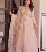 Cream zari & sequins embroidered georgette kurta & dupatta set