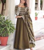 Dark green zari & sequins embroidered work vichitra silk stitched kurta & dupatta