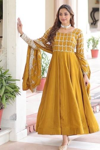 Yellow zari & sequins embroidered work vichitra silk stitched kurta & dupatta
