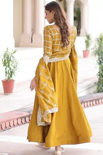 Yellow zari & sequins embroidered vichitra silk kurta & dupatta