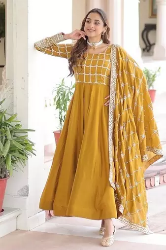 Yellow zari & sequins embroidered vichitra silk kurta & dupatta