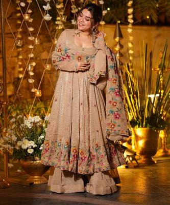 Brown Embroidered Silk Anarkali Suit Set 1