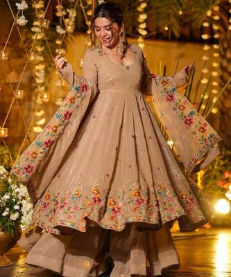 Brown Embroidered Silk Anarkali Suit Set 3