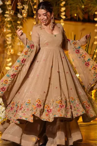 Brown Embroidered Silk Anarkali Suit Set