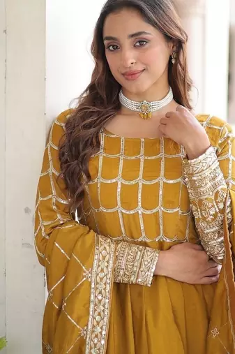 Yellow zari & sequins embroidered vichitra silk kurta & dupatta
