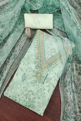 Sea-green sequins organza semi stitched churidar dress-materials