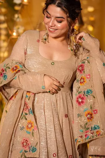 Brown Embroidered Silk Anarkali Suit Set