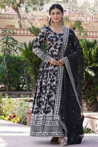 Black jacquard sequins embroidered work viscose stitched kurta & dupatta