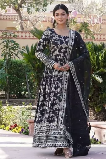 Black jacquard sequins embroidered work viscose stitched kurta & dupatta