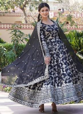 Black jacquard sequins embroidered work viscose stitched kurta & dupatta 2