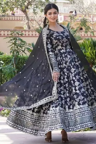 Black jacquard sequins embroidered work viscose stitched kurta & dupatta