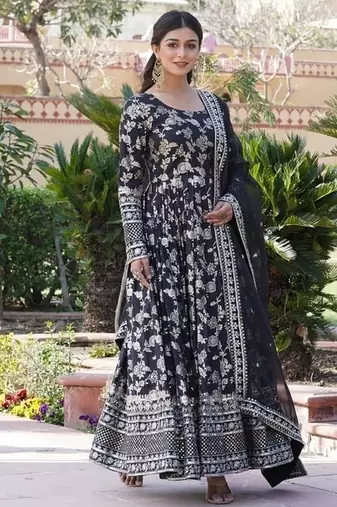Black jacquard sequins embroidered work viscose stitched kurta & dupatta