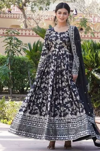 Black jacquard sequins embroidered work viscose stitched kurta & dupatta