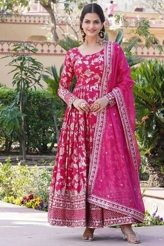 Pink jacquard sequins embroidered work viscose stitched kurta & dupatta