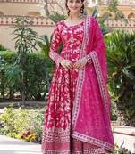 Pink jacquard sequins embroidered work viscose stitched kurta & dupatta