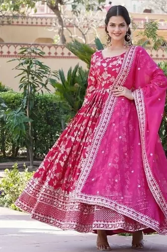 Pink jacquard sequins embroidered viscose kurta & dupatta