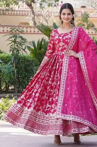 Pink jacquard sequins embroidered viscose kurta & dupatta