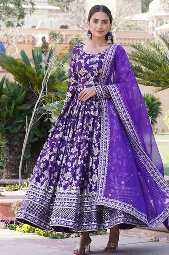 Purple jacquard sequins embroidered work viscose stitched kurta & dupatta