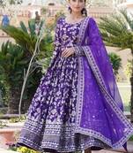 Purple jacquard sequins embroidered work viscose stitched kurta & dupatta