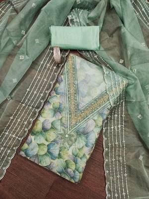 Sea-green sequins organza churidar dress-materials 1