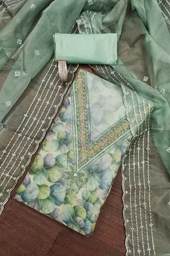 Sea-green sequins organza semi stitched churidar dress-materials