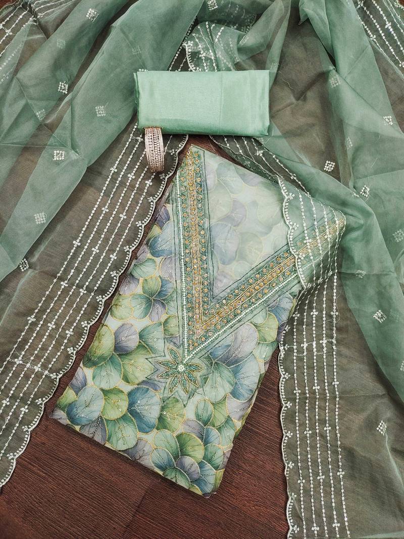 Sea-green sequins organza semi stitched churidar dress-materials