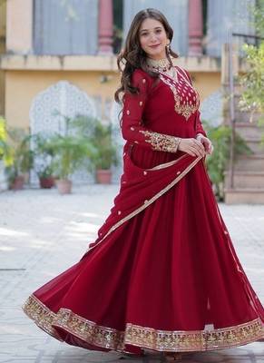 Maroon zari & sequins embroidered work georgette stitched kurta & dupatta set 1