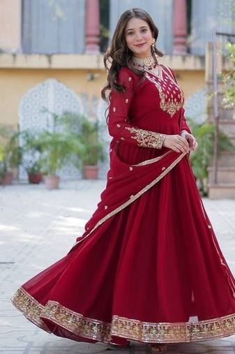 Maroon zari & sequins embroidered work georgette stitched kurta & dupatta set