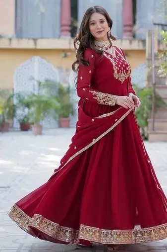 Maroon zari & sequins embroidered work georgette stitched kurta & dupatta set