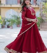 Maroon zari & sequins embroidered work georgette stitched kurta & dupatta set