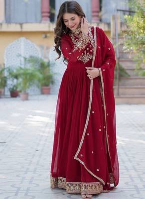 Maroon zari & sequins embroidered work georgette stitched kurta & dupatta set 2