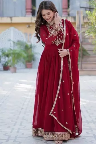 Maroon zari & sequins embroidered work georgette stitched kurta & dupatta set