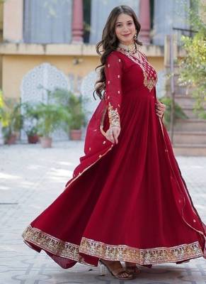 Maroon zari & sequins embroidered work georgette stitched kurta & dupatta set 3