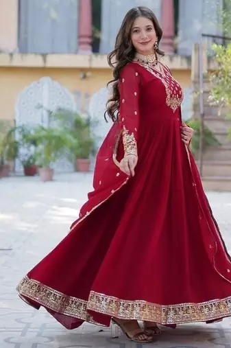 Maroon zari & sequins embroidered work georgette stitched kurta & dupatta set