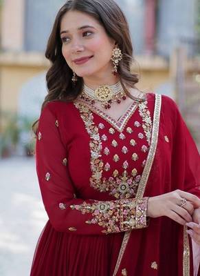 Maroon zari & sequins embroidered work georgette stitched kurta & dupatta set 4
